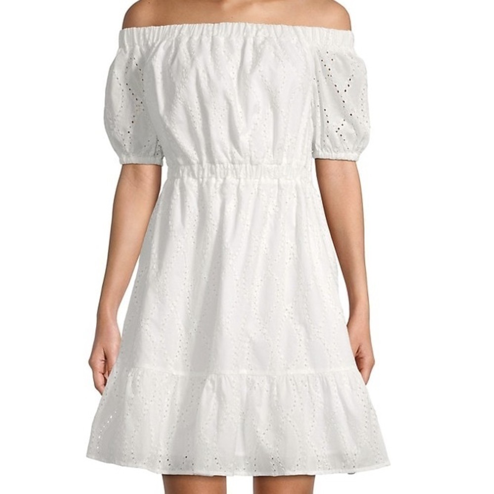 MICHAEL MICHAEL KORS WHITE Eyelet-Embroidered Off-the-Shoulder Dress SIZE XS NWT